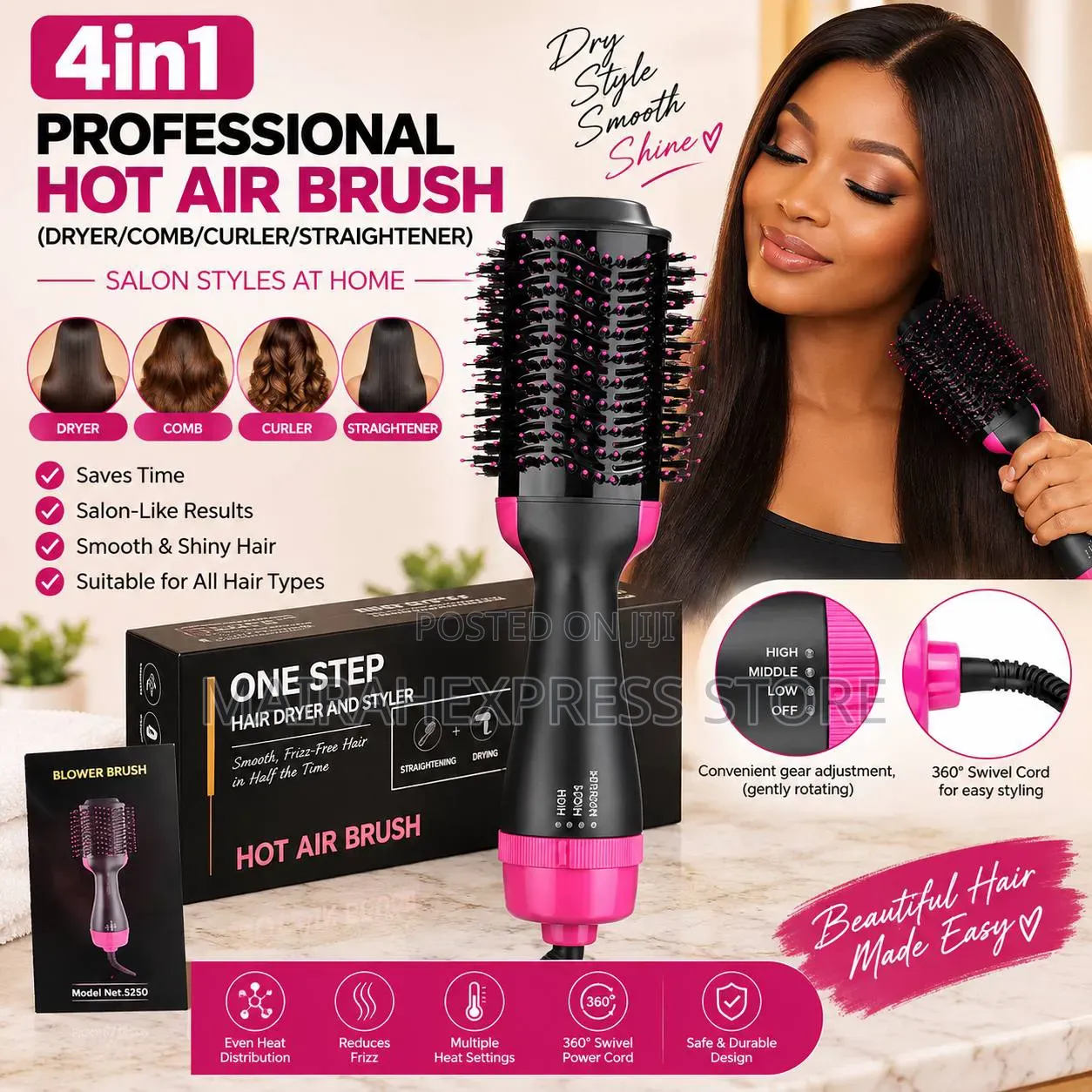 4in1 Professional Hot Air Brush - (Dryer/Comb/Curler/Straightener)