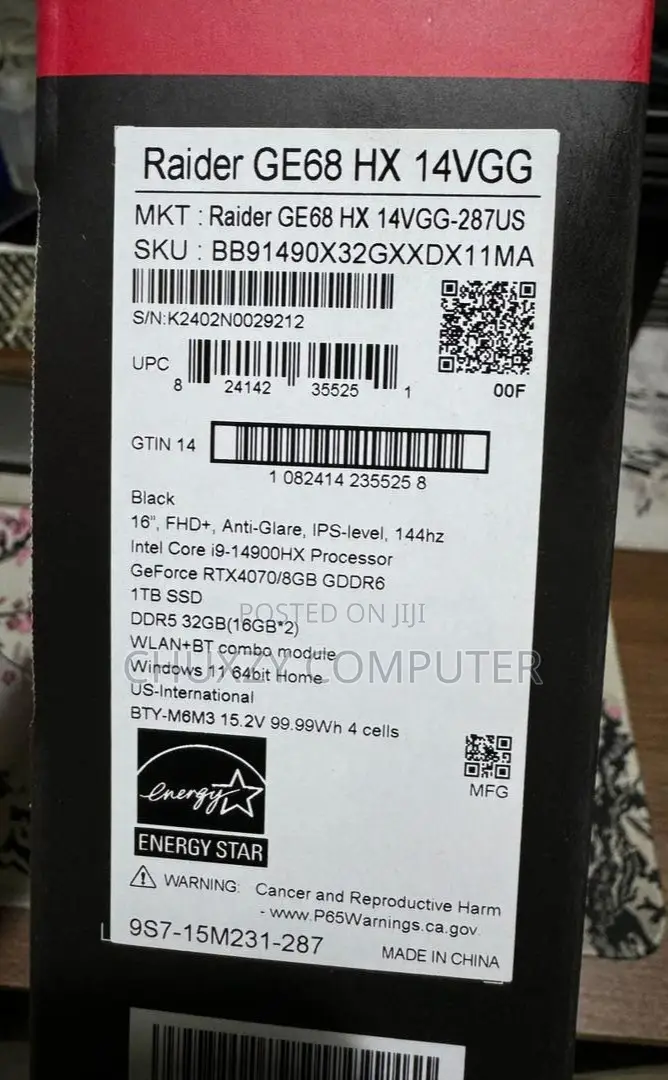 New Laptop MSI Raider GE68HX 13VI-202US 32GB Intel Core i9 SSD 1T