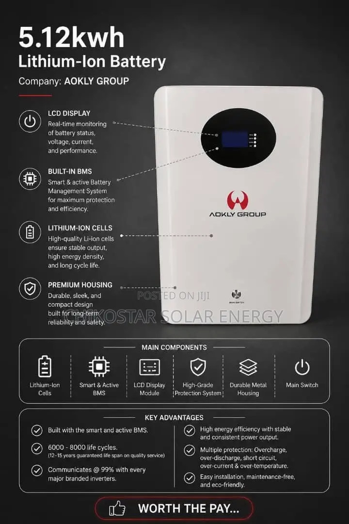 Aokly 5.12kWh Lithium-Ion Battery – 48v/100Ah Smart BMS Solar Battery