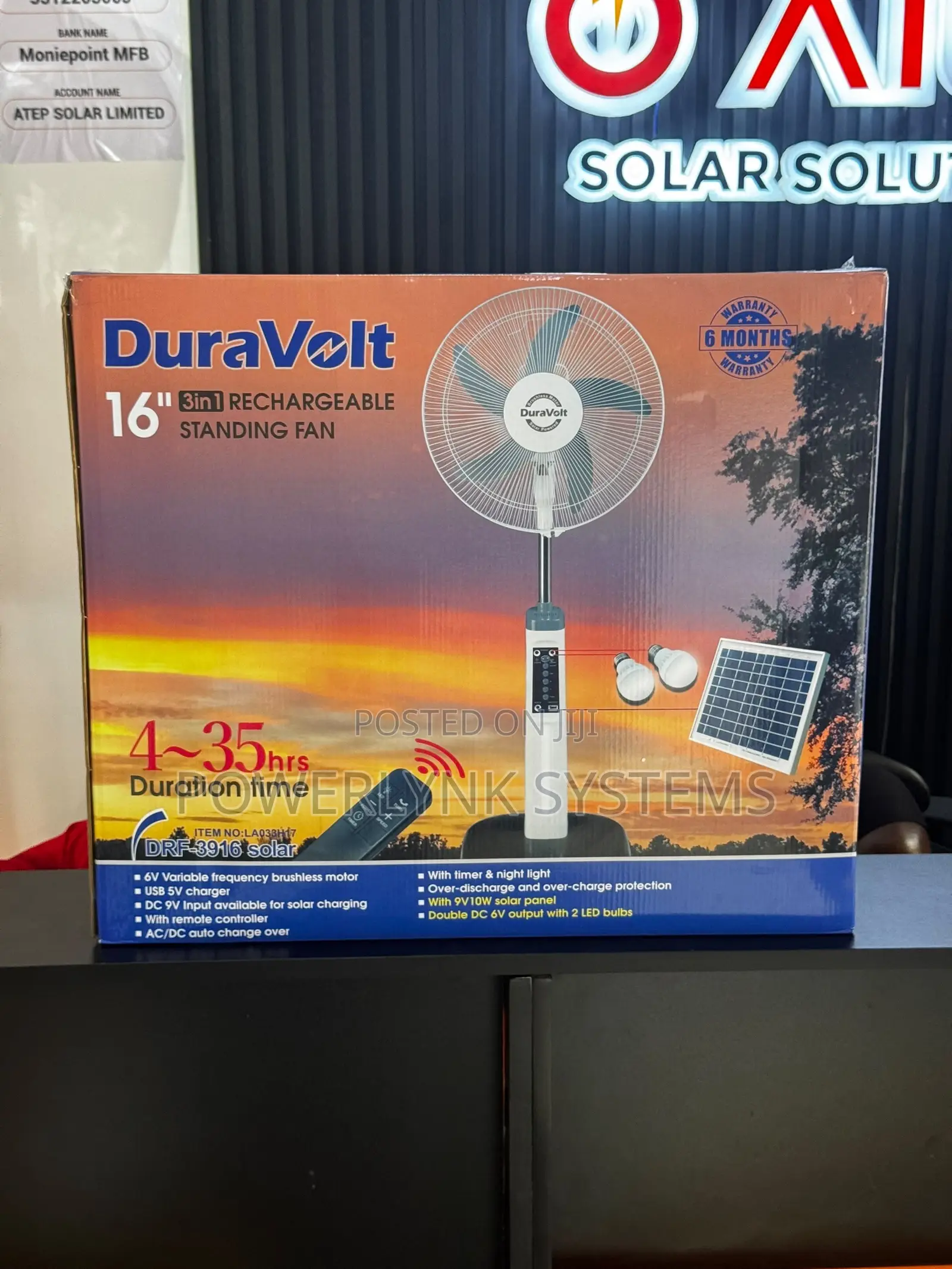 DURAVOLT 16inch 3-in-1 Solar Rechargeable Fan