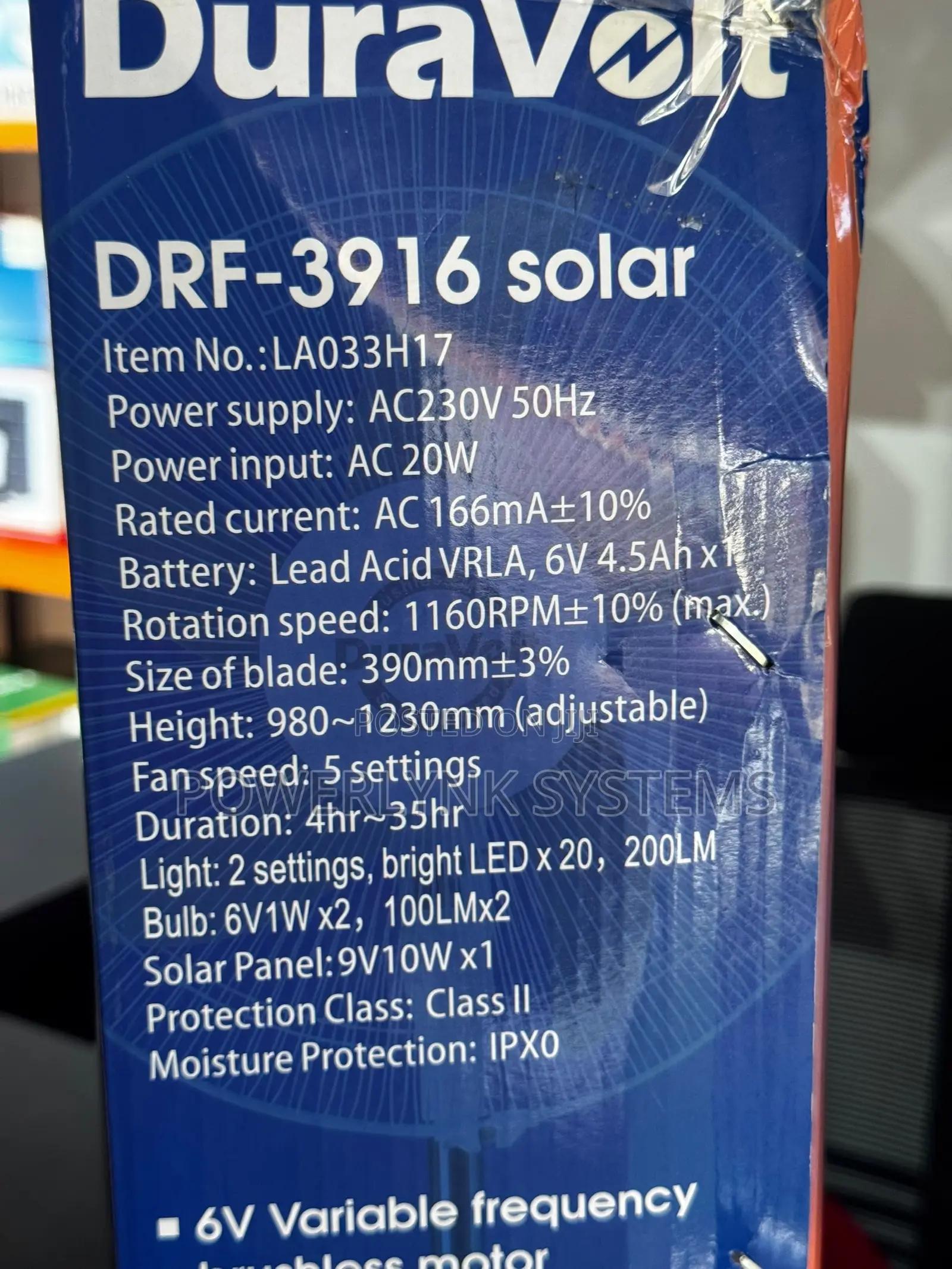 DURAVOLT 16inch 3-in-1 Solar Rechargeable Fan