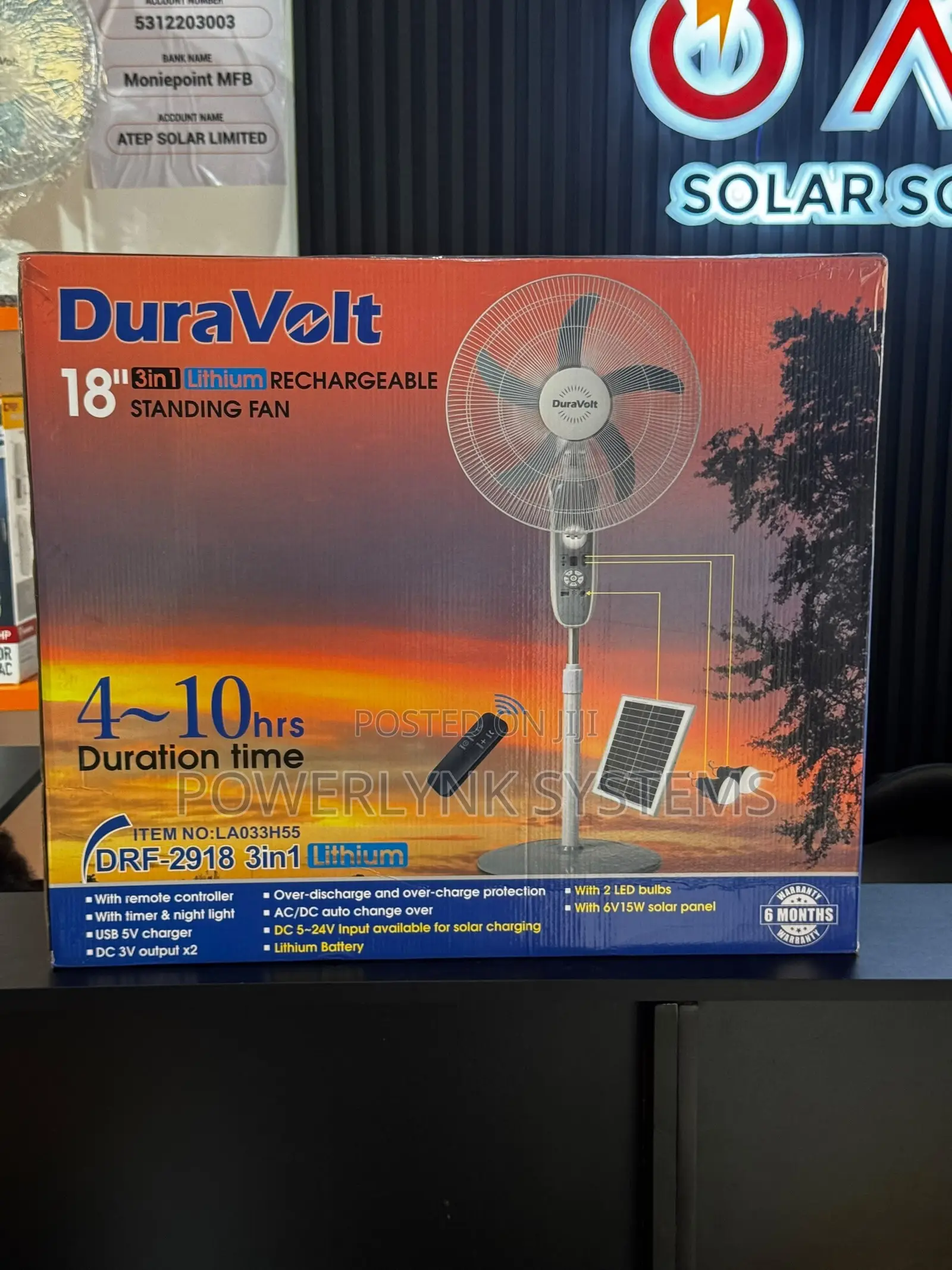 DURAVOLT 18-Inch 3-in-1 Solar Rechargeable Fan