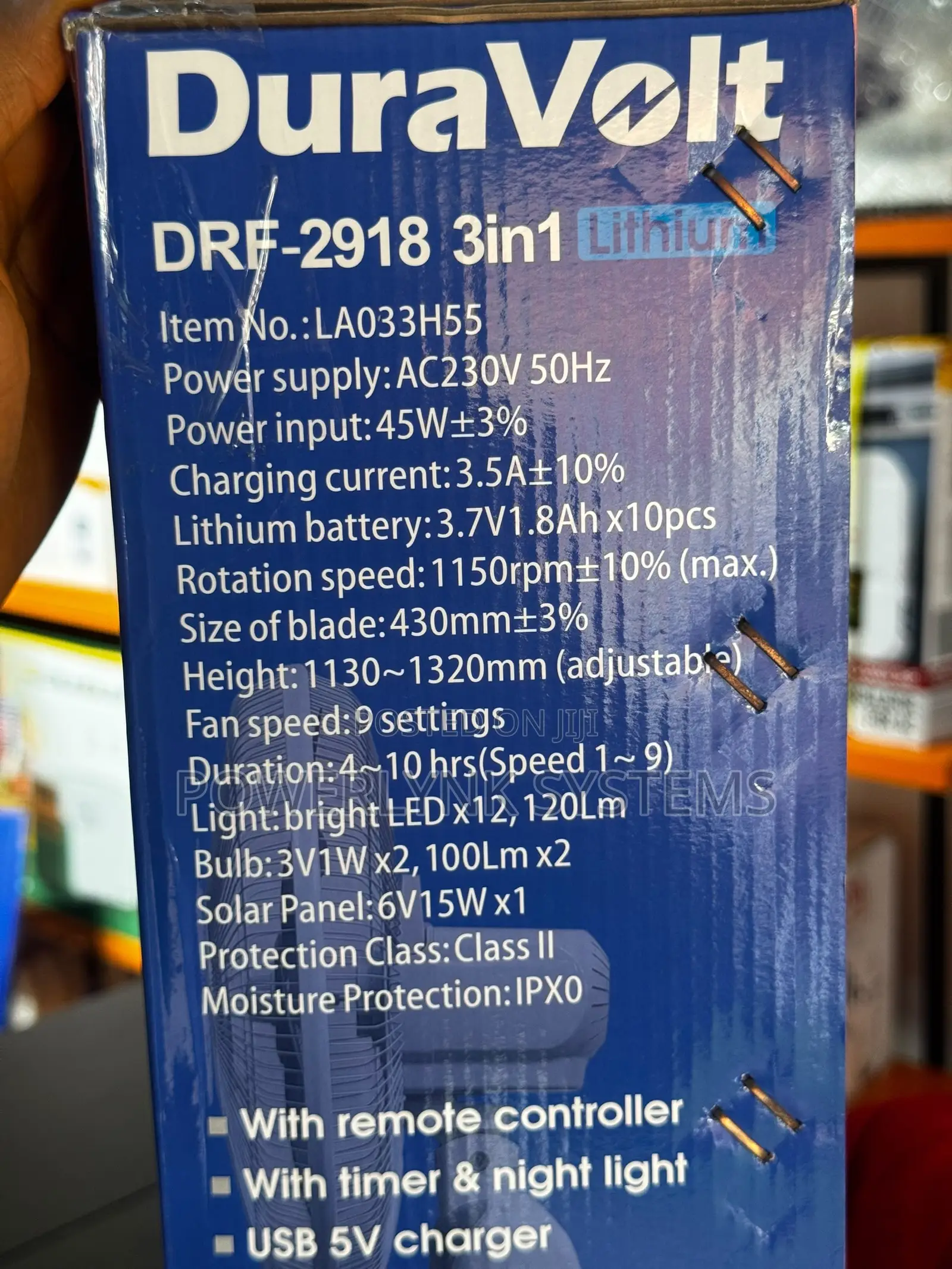 DURAVOLT 18-Inch 3-in-1 Solar Rechargeable Fan