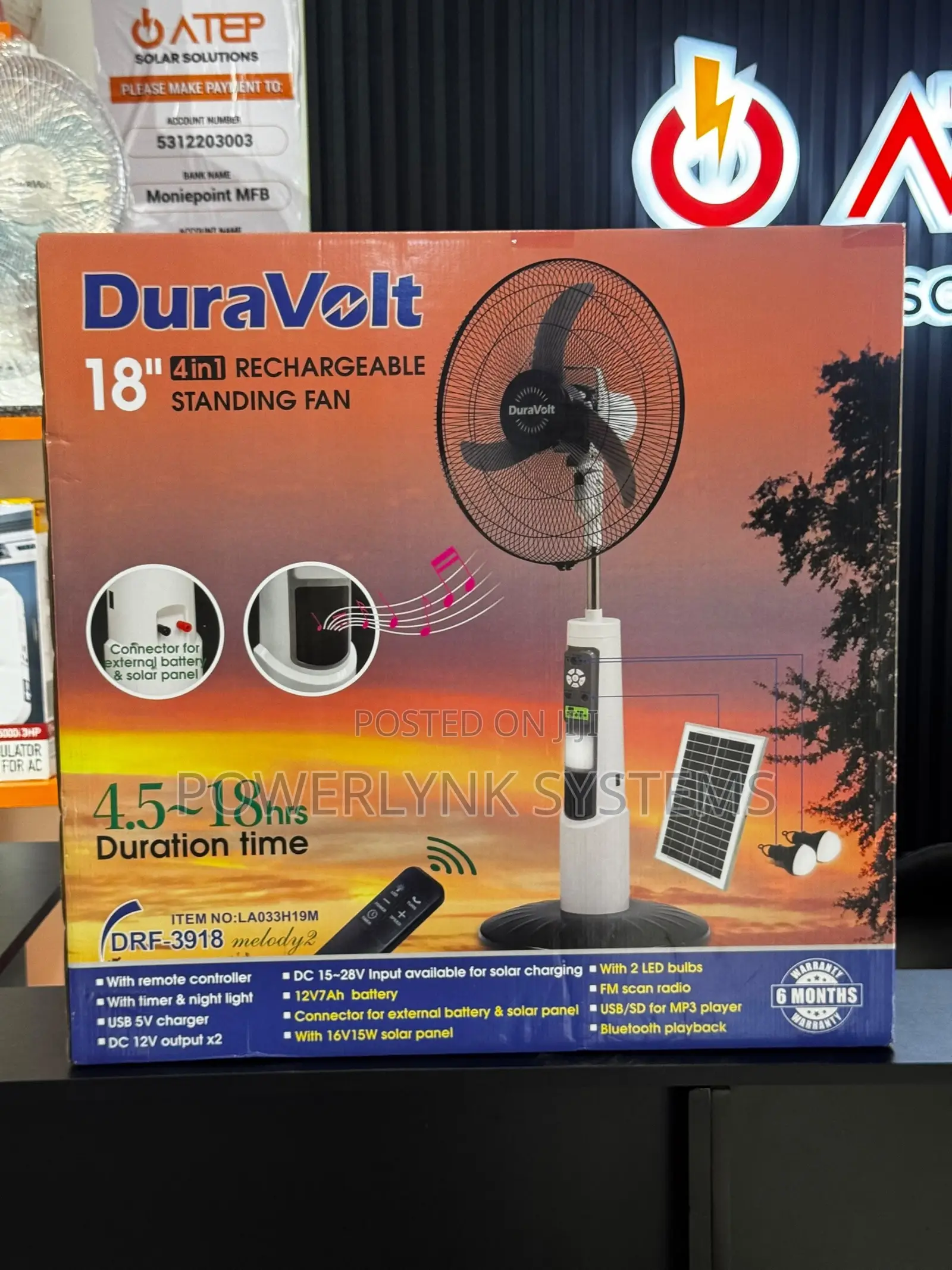 DURAVOLT 18-Inch 4-in-1 Solar Rechargeable Fan