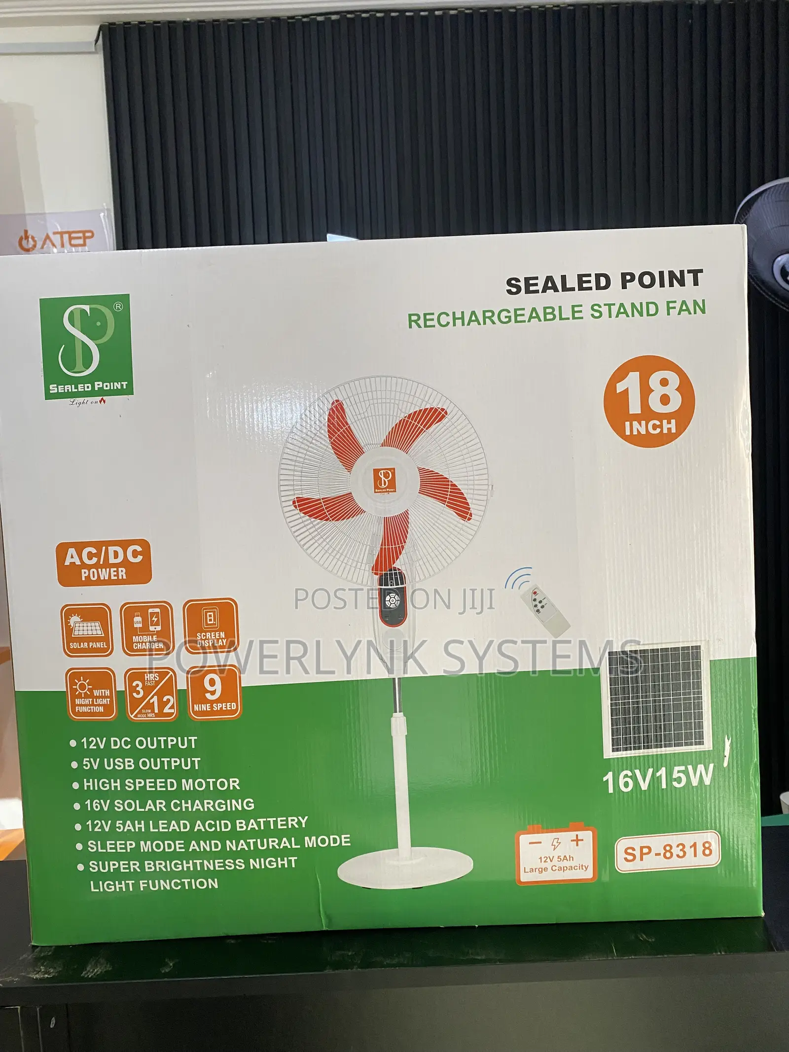 Sealed Point 18-Inch Solar Rechargeable Fan