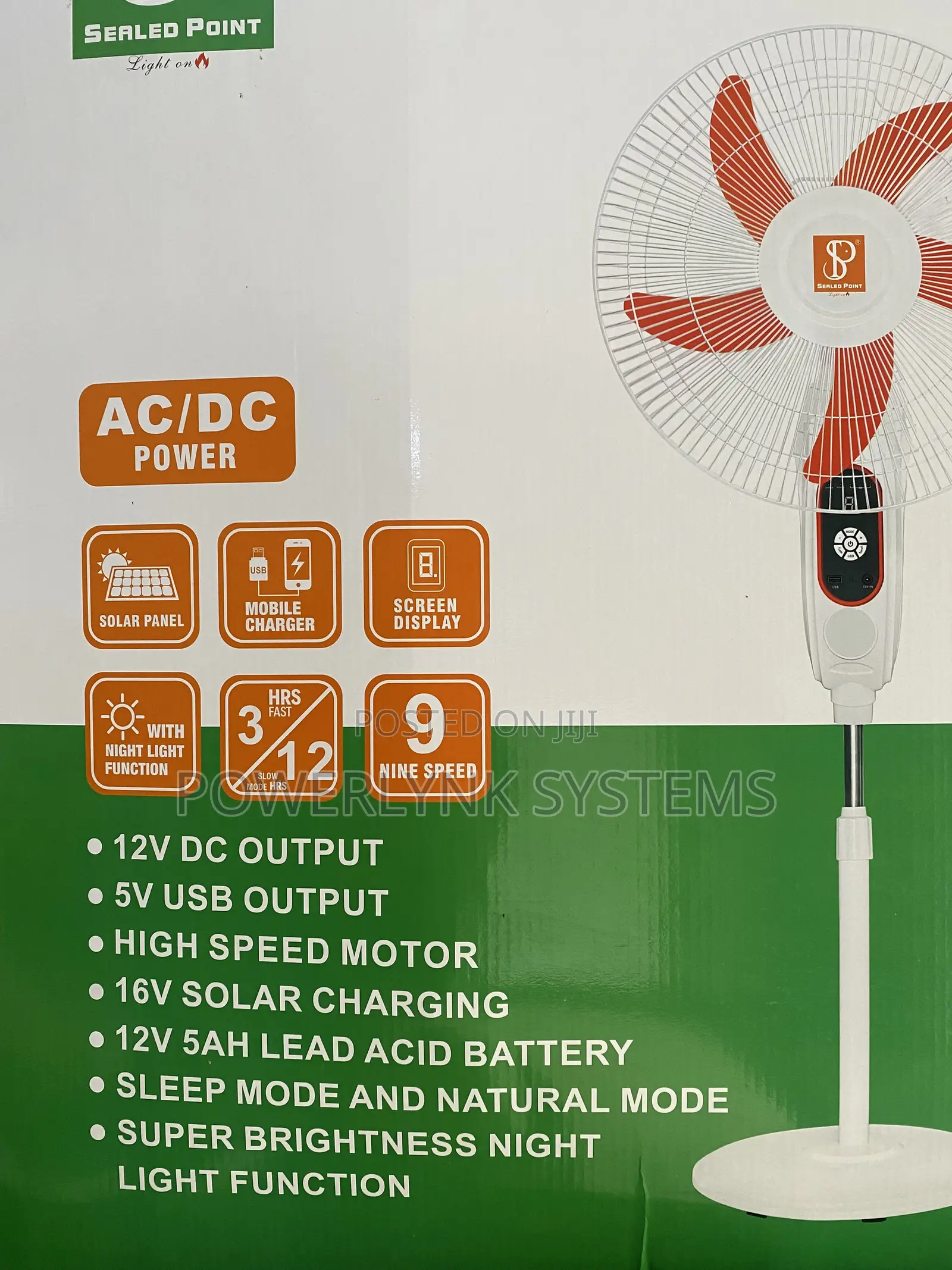 Sealed Point 18-Inch Solar Rechargeable Fan