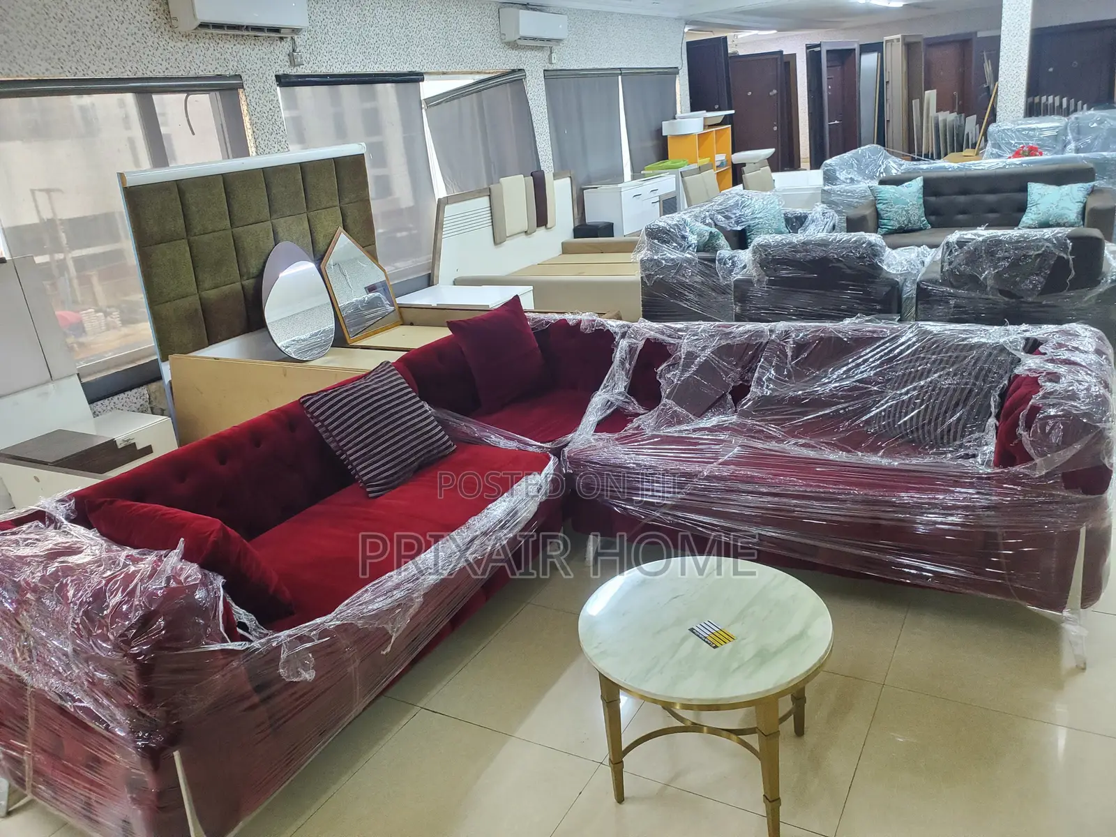 Maroon L-Shaped Sofa Set