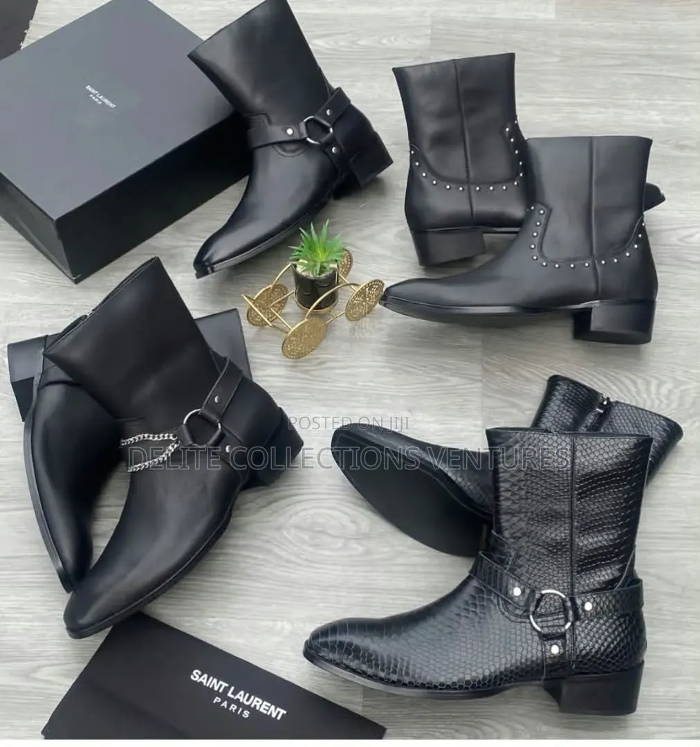 Black Leather Saint Laurent L Wyatt Harness and Zippered Boots