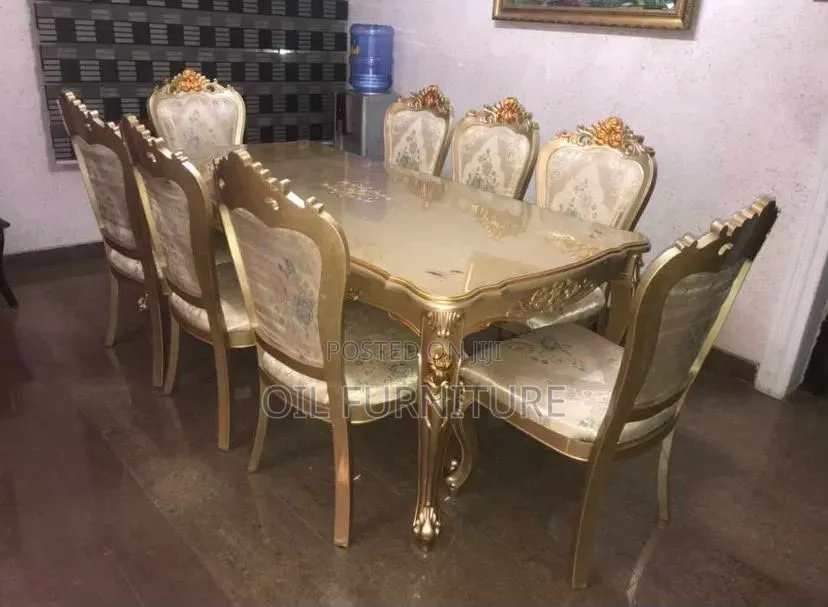 Luxury Gold Beige Carved Dining Set With Upholstered High-Back Chair