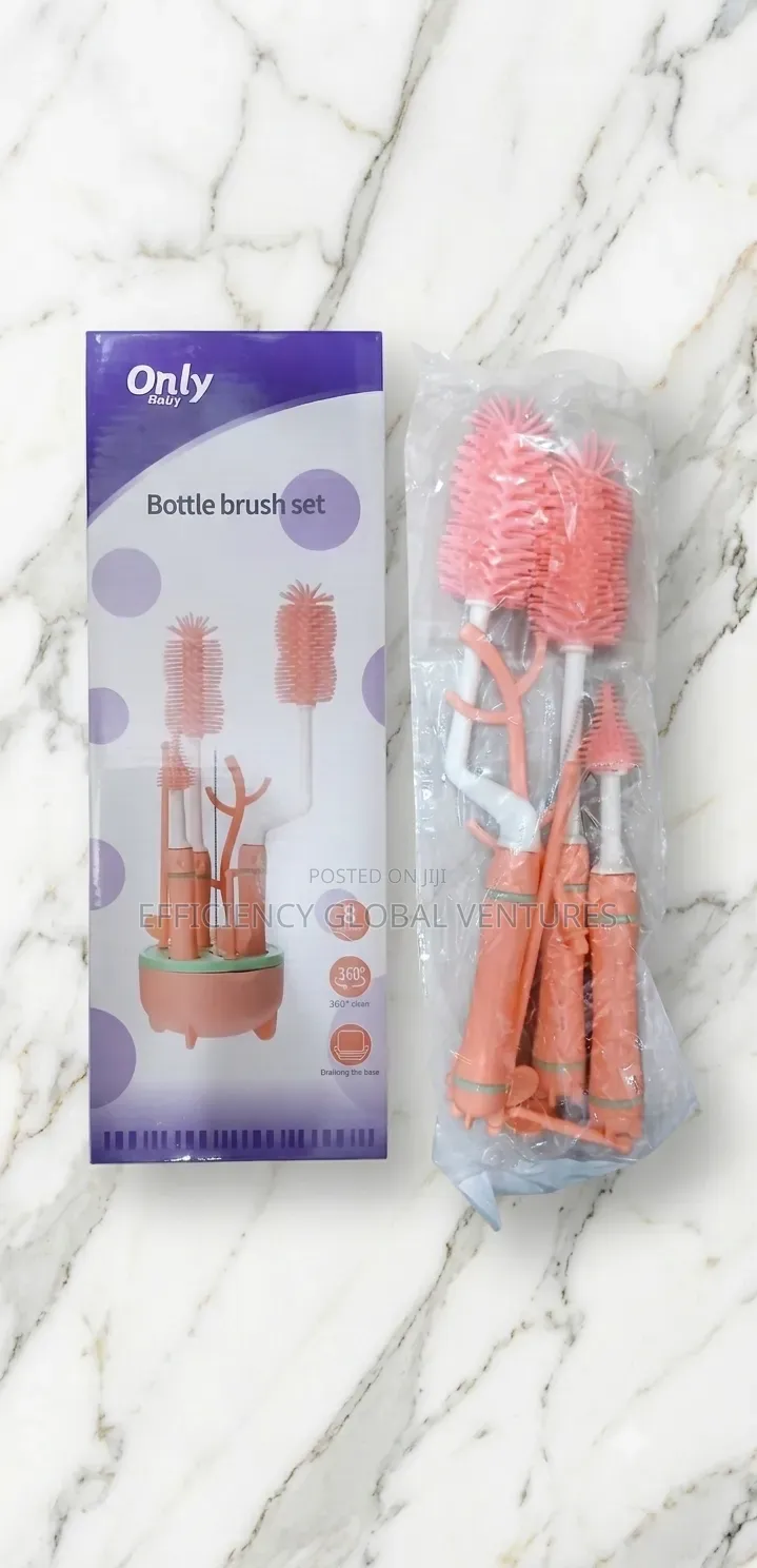 Silicone Baby Bottle Brush Set–Rotating Cleaner With Drying Rack Base