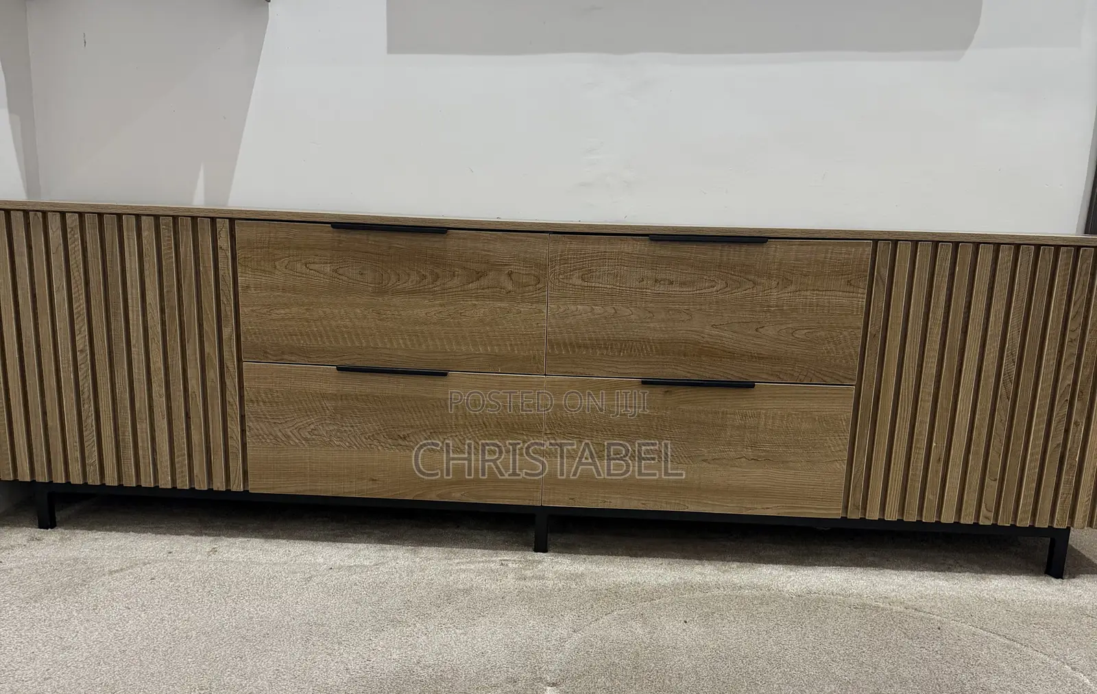 Fluted Wood TV Console With 4 Drawer Compartments