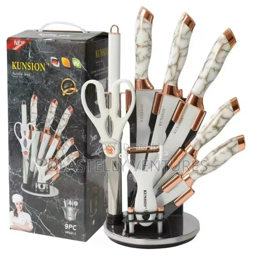 Stainless Steel 9pcs Rose Gold Marble Pattern Knife Set. H