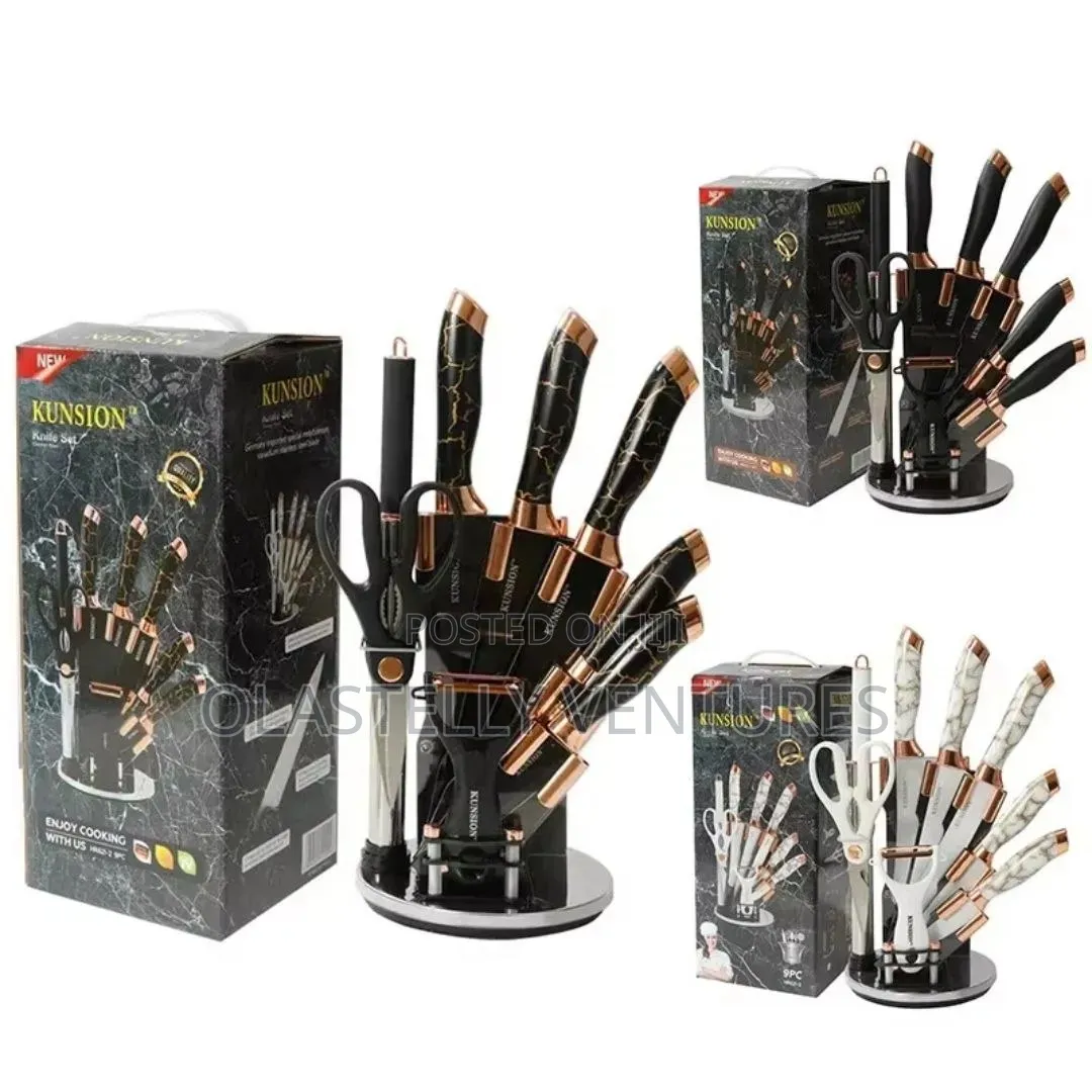 Stainless Steel 9pcs Rose Gold Marble Pattern Knife Set. H