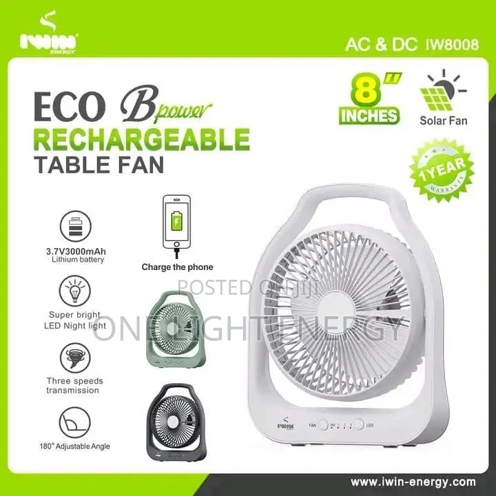 Energy Rechargeable Desktop Fan 8" With LED Light