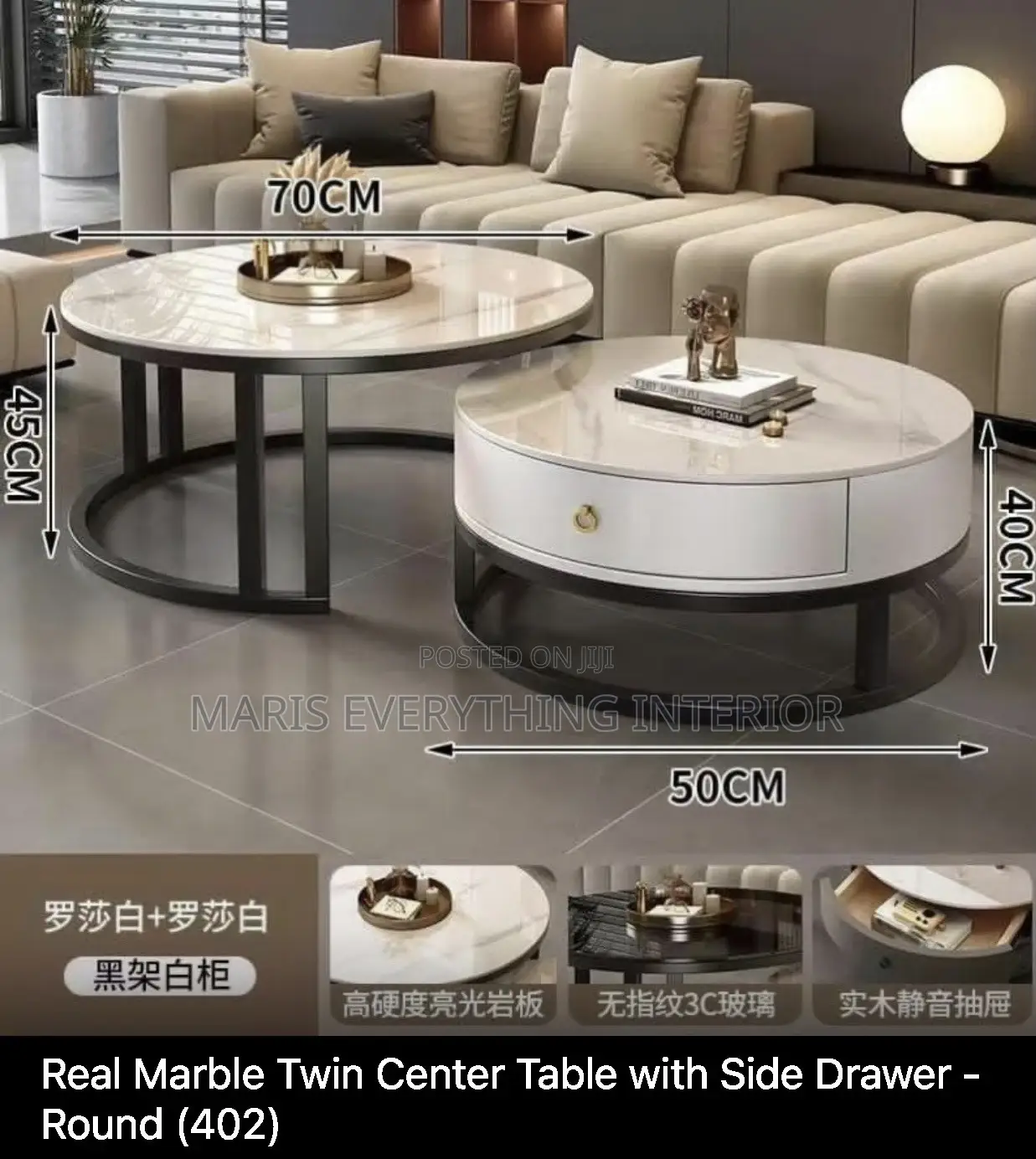 Real Marble Twin Center Table With Side Drawer - Round