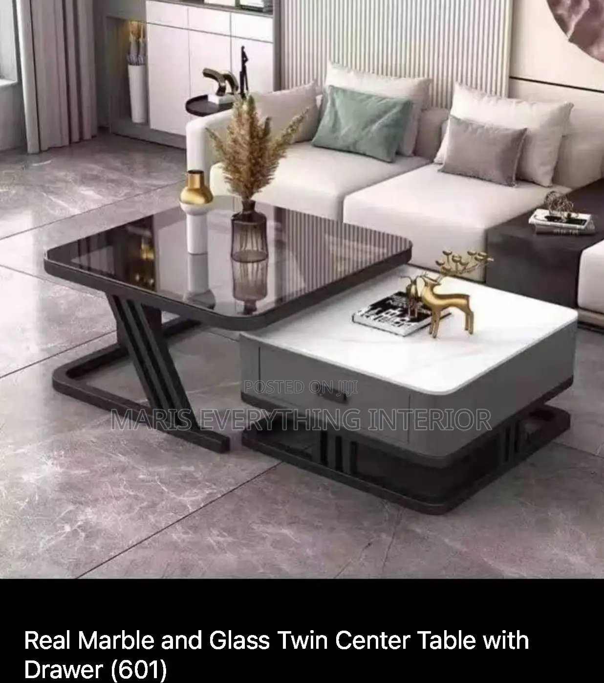 Real Marble Twin Center Table With Side Drawer - Round
