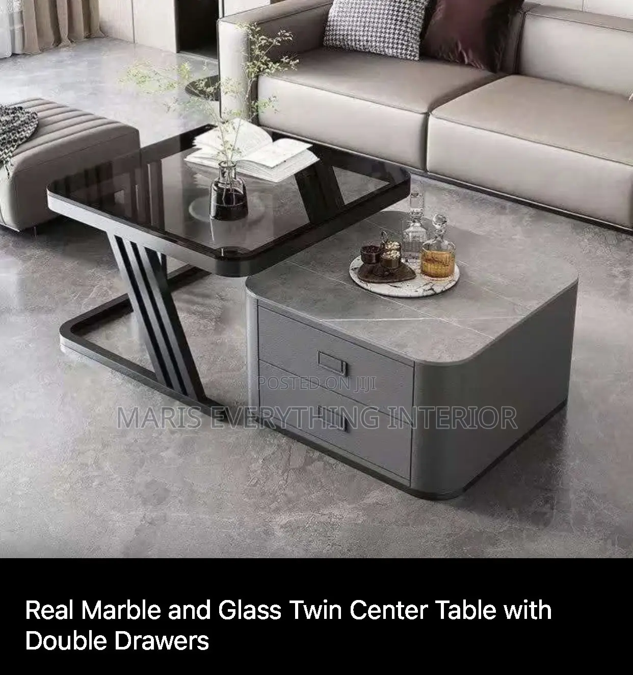 Real Marble Twin Center Table With Side Drawer - Round
