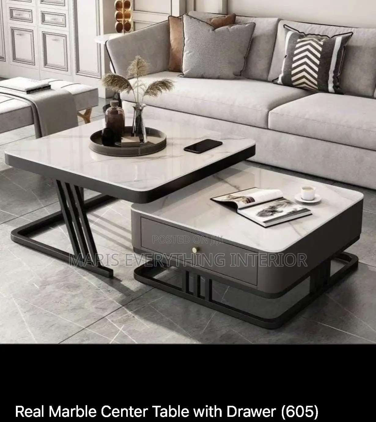 Real Marble Twin Center Table With Side Drawer - Round