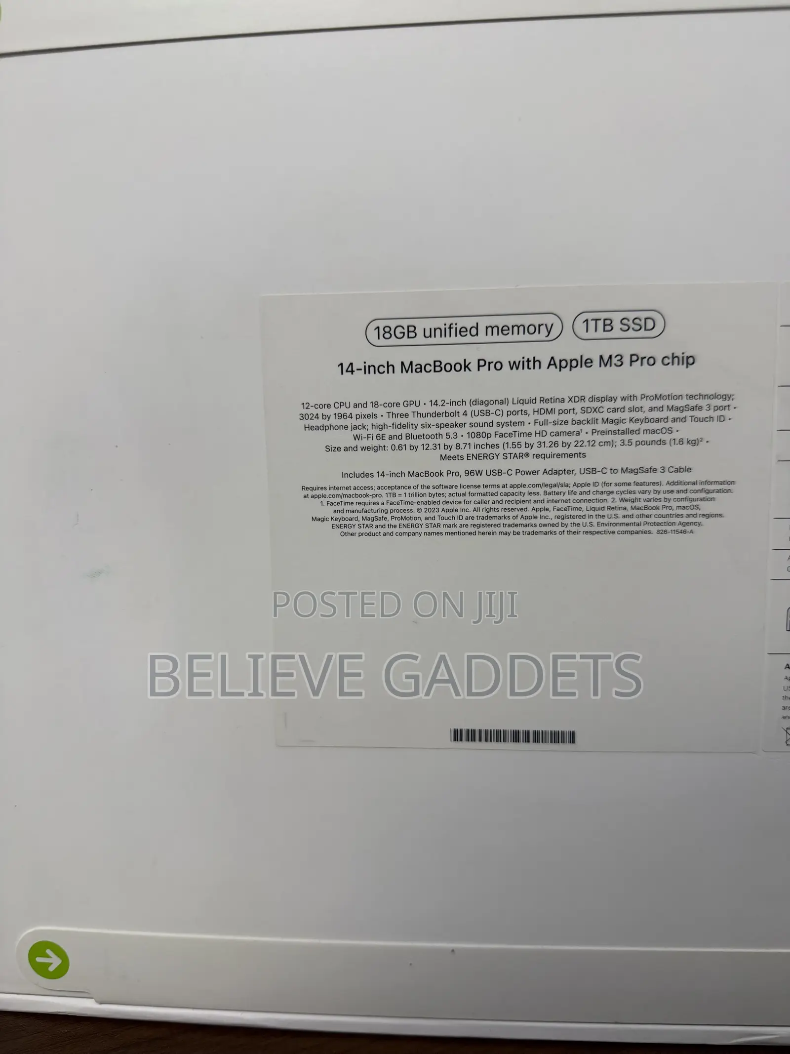 New Laptop Apple MacBook Pro 2023 M3 Pro 18GB Apple M3 Pro SSD 1T