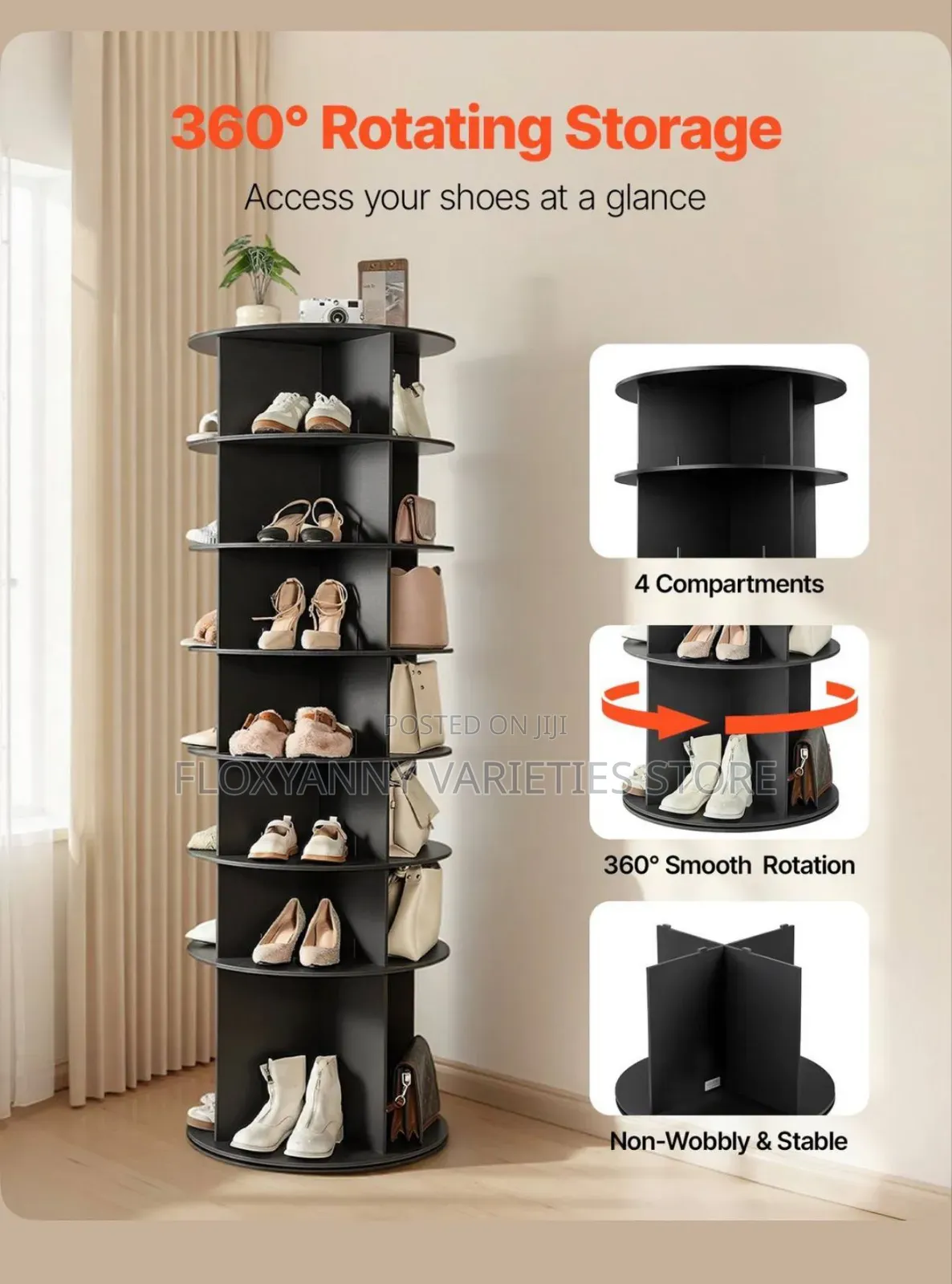 Shoe Rack 7-Tier Spinning, Free Standing Rotating Tower 360°,
