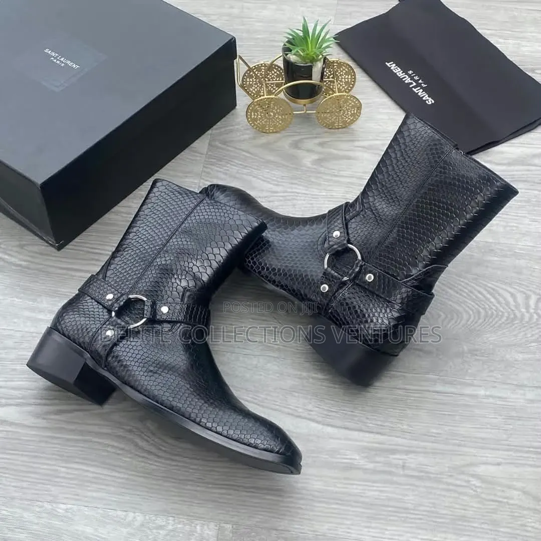 Black Leather Saint Laurent L Wyatt Harness and Zippered Boots