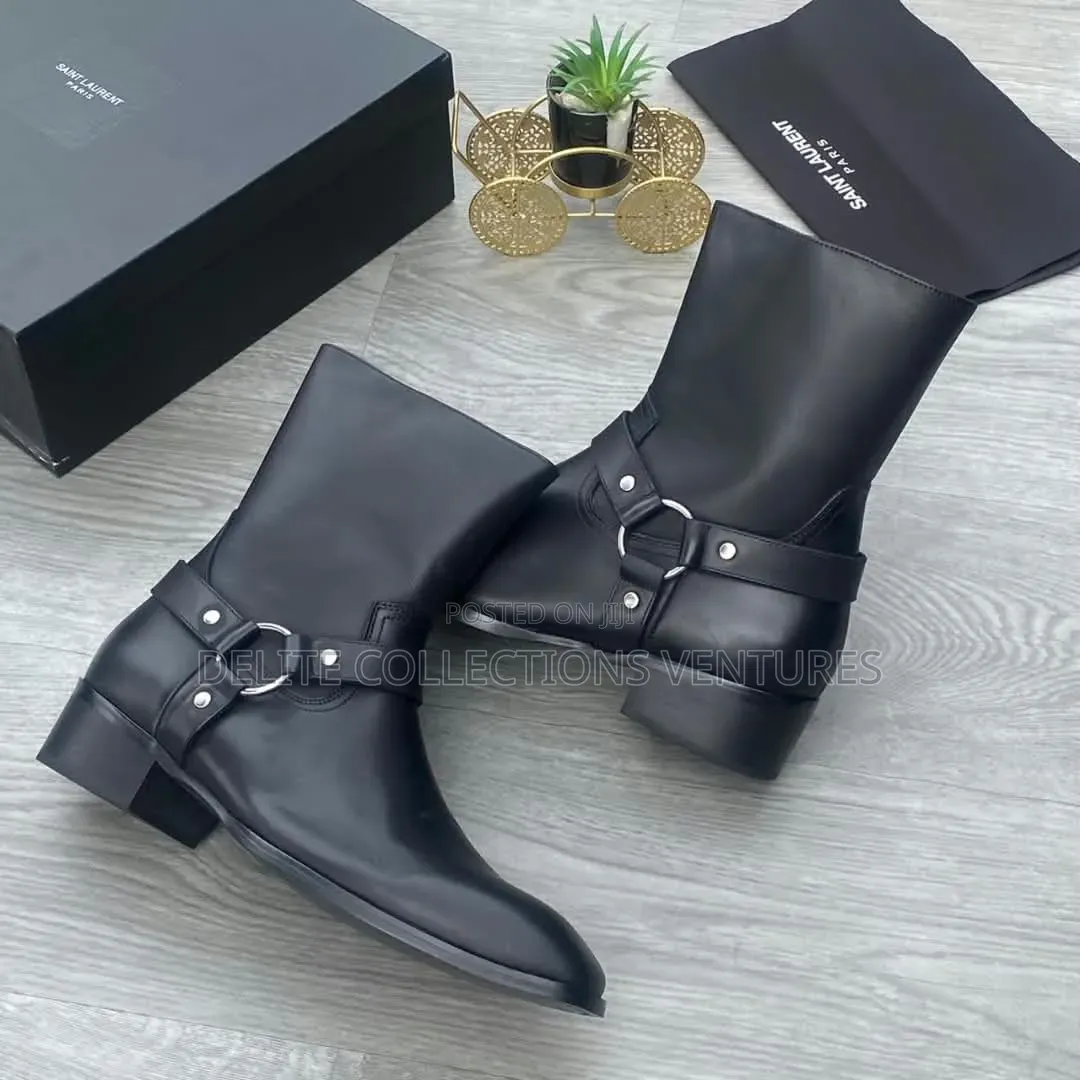 Black Leather Saint Laurent L Wyatt Harness and Zippered Boots