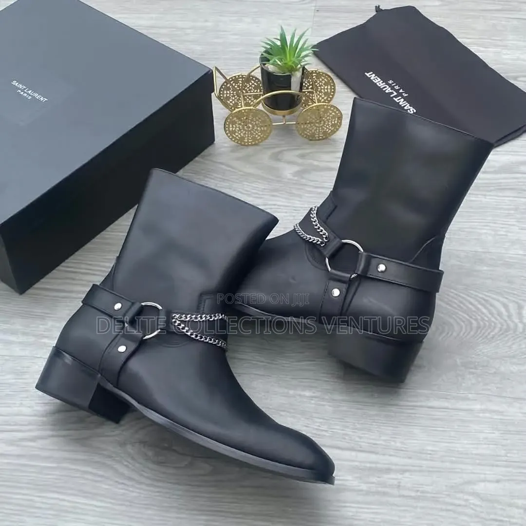 Black Leather Saint Laurent L Wyatt Harness and Zippered Boots