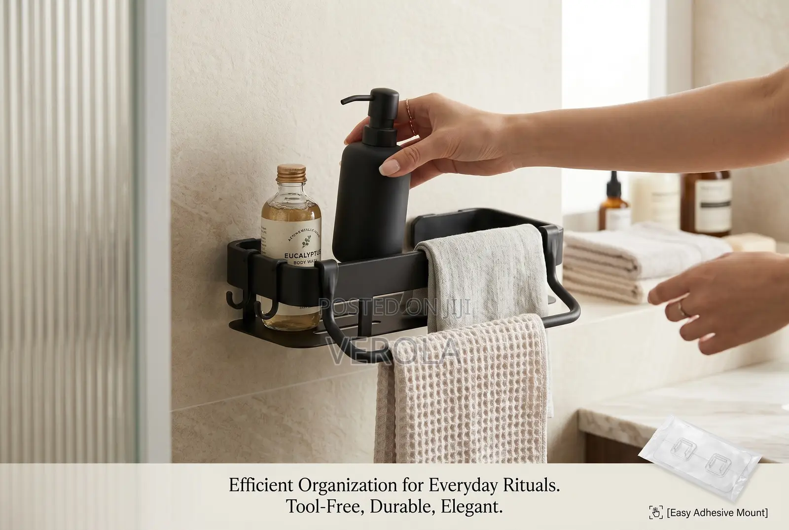Black Bathroom Wall Shelf With Towel Holder Hooks