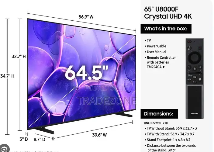 Samsung 65 inches Crystal Uhd U8000f 4k Smart TV Ua65u8000fumte