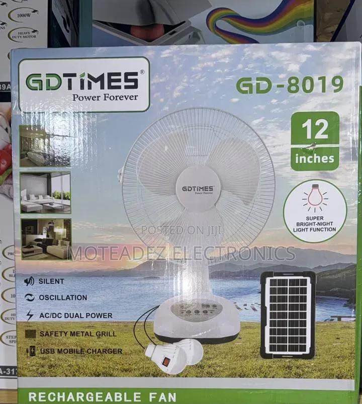 GD Times Solar/Electric 12" Rechargeable Table Fan With Solar Bulbs