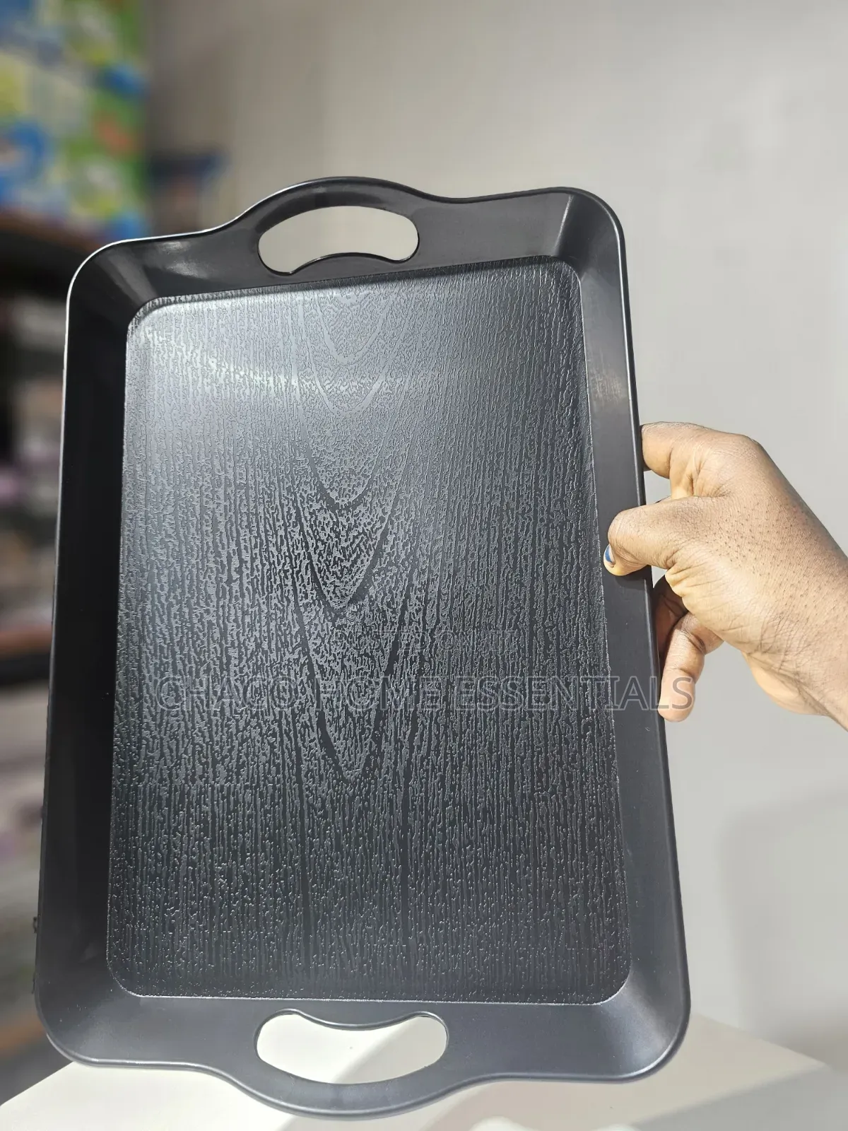 Durable Black Serving Tray With Wood-Grain Texture Handles