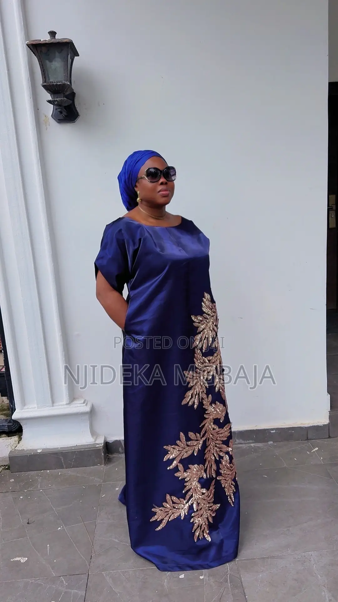 Navy Blue Maxi Gown With Gold Lace Patch Elegant Occasion Wear