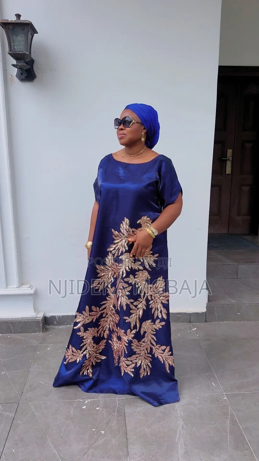 Navy Blue Maxi Gown With Gold Lace Patch Elegant Occasion Wear