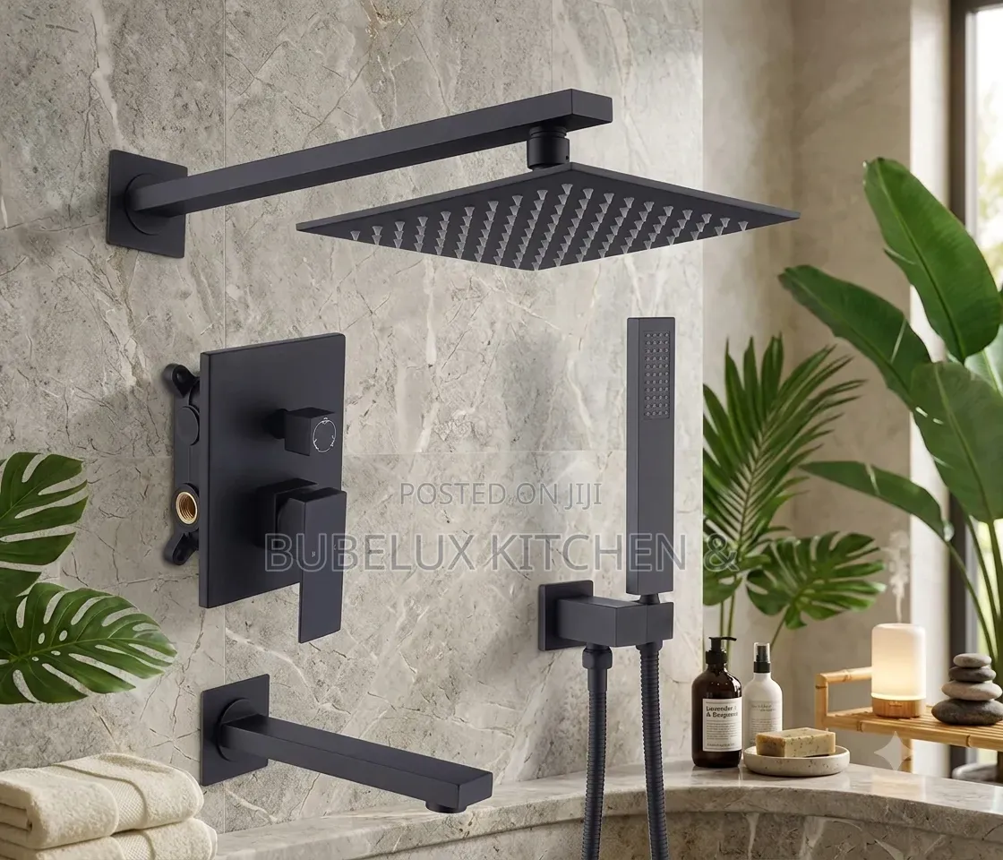 3-Way Matte Black Concealed Rain Shower System Set With Tub Spout.
