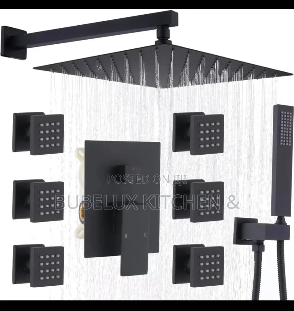 Luxury Matte Black Thermostatic Shower System Wit 6Body Massage Jets