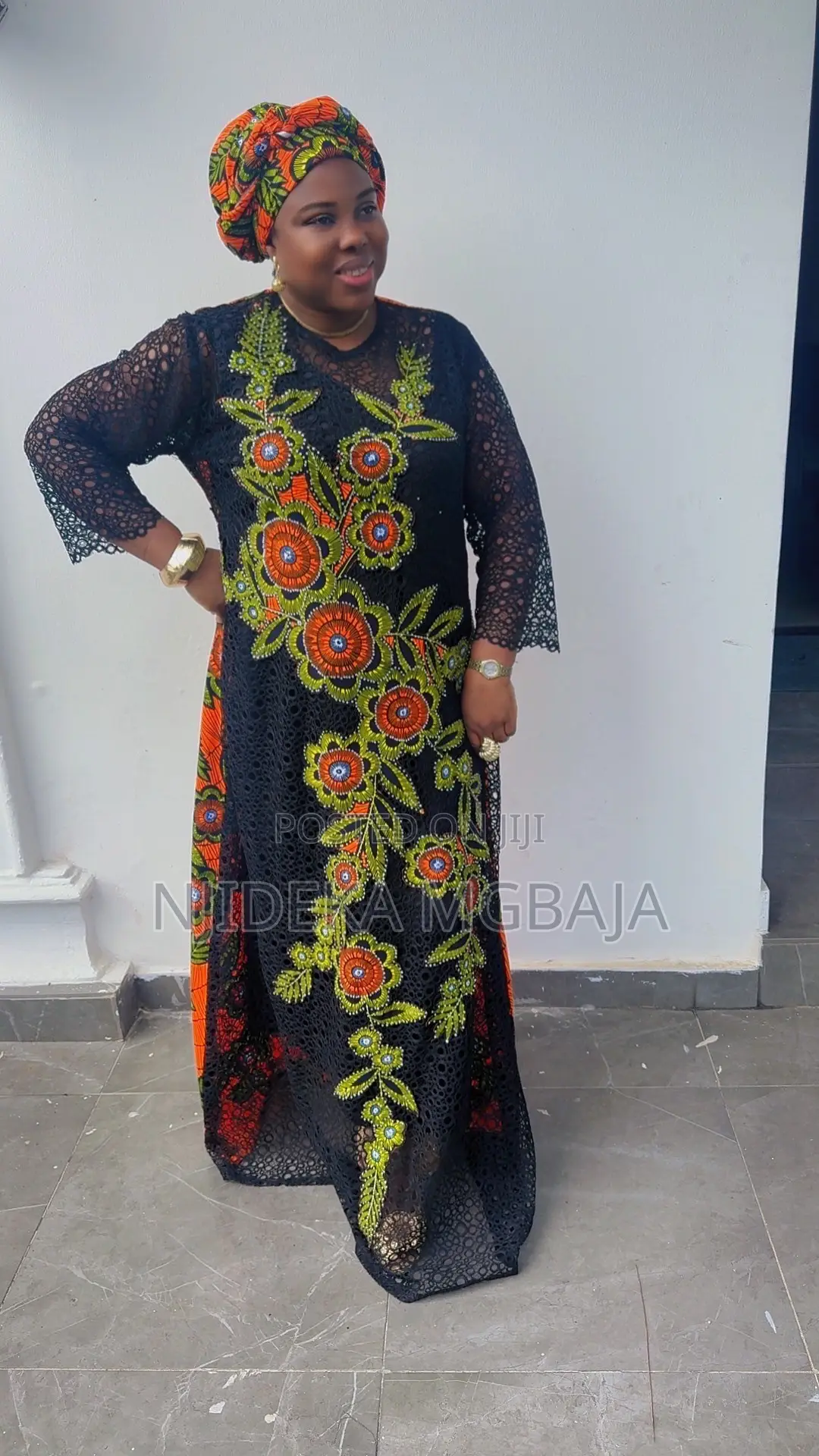 Premium and Elegant Black Lace Gown With Ankara Floral Embroidery.