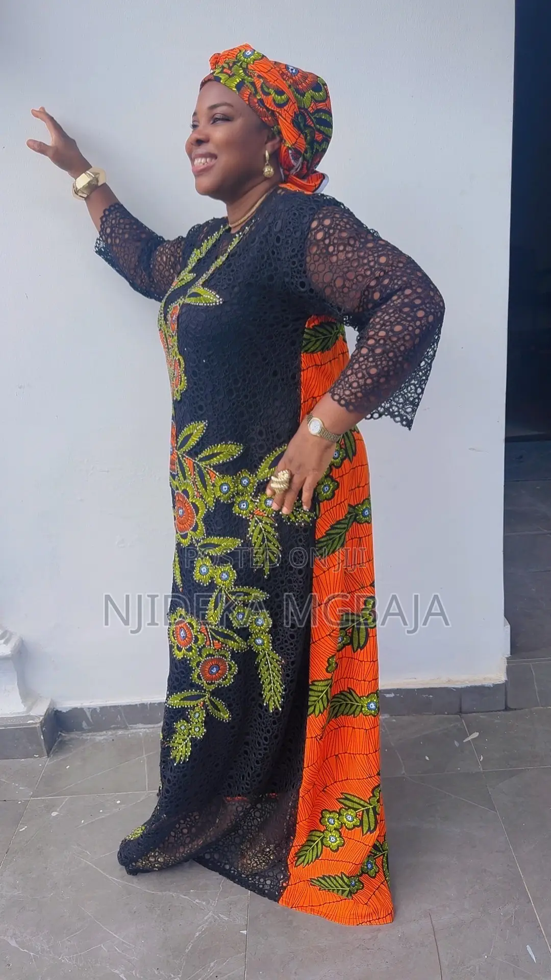 Premium and Elegant Black Lace Gown With Ankara Floral Embroidery.