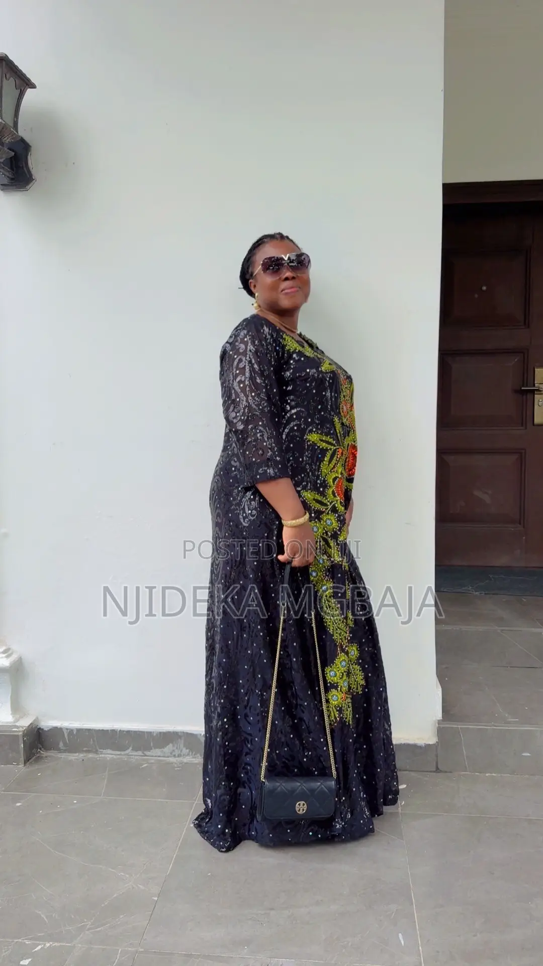 Elegant Black Lace and Ankara Maxi Gown With Floral Embroidery