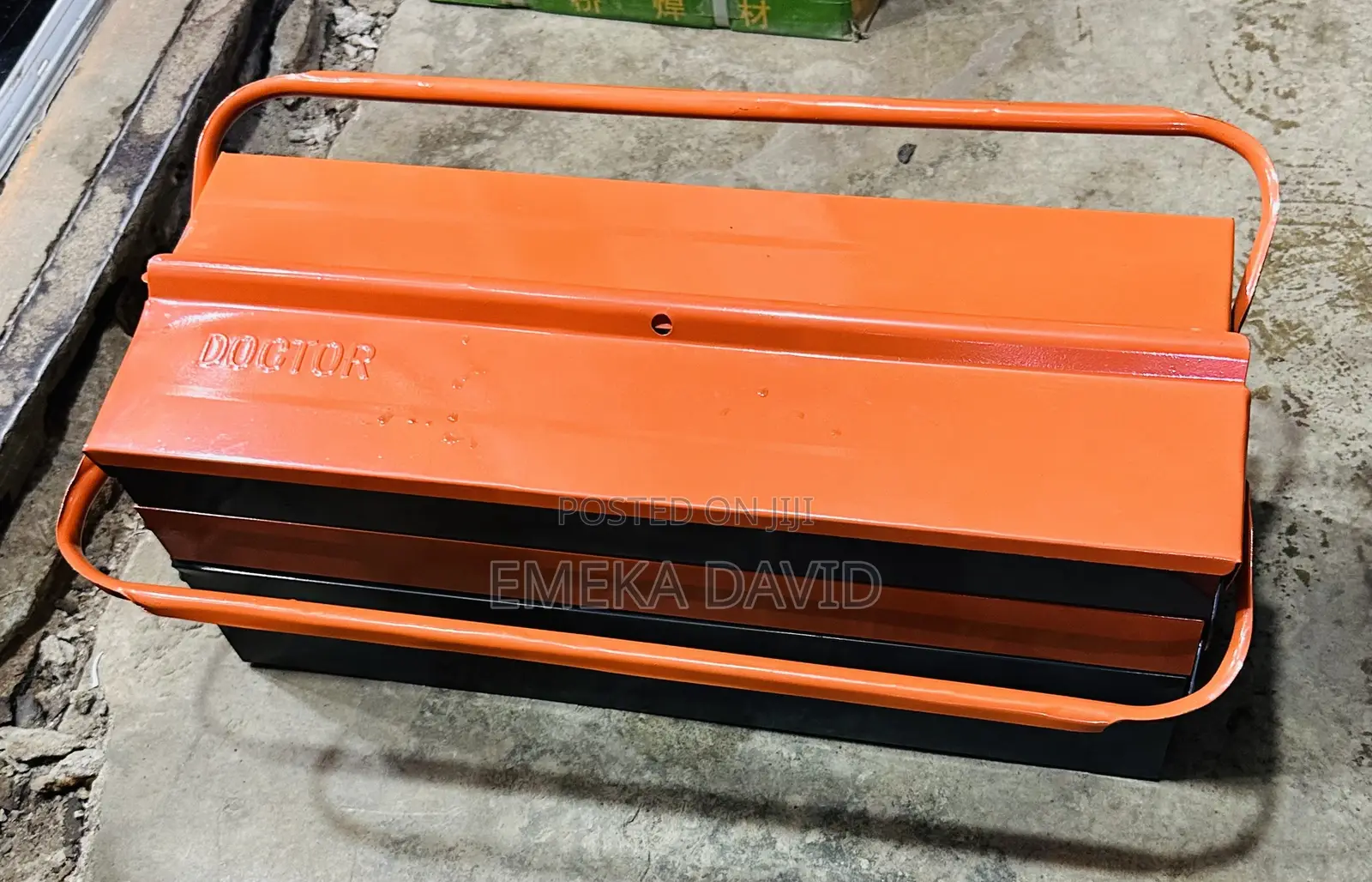 Orange 5-Compartment Cantilever Metal Empty Tool Box With Top Handles.