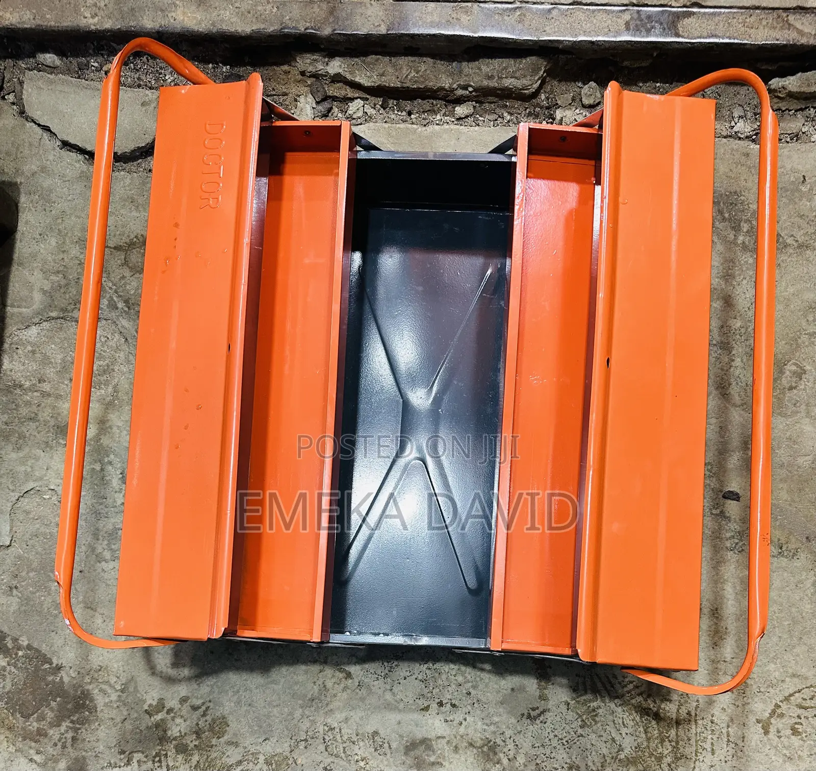 Orange 5-Compartment Cantilever Metal Empty Tool Box With Top Handles.
