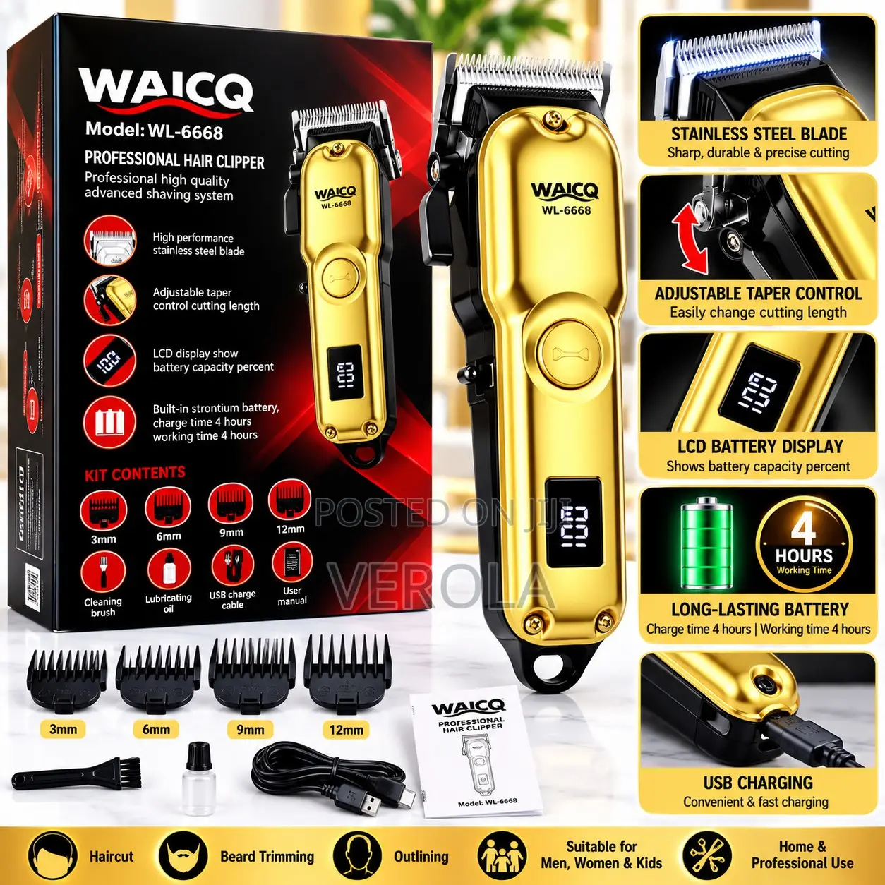 WAICQ WL-6668 Rechargeable Professional Hair Clipper Gold