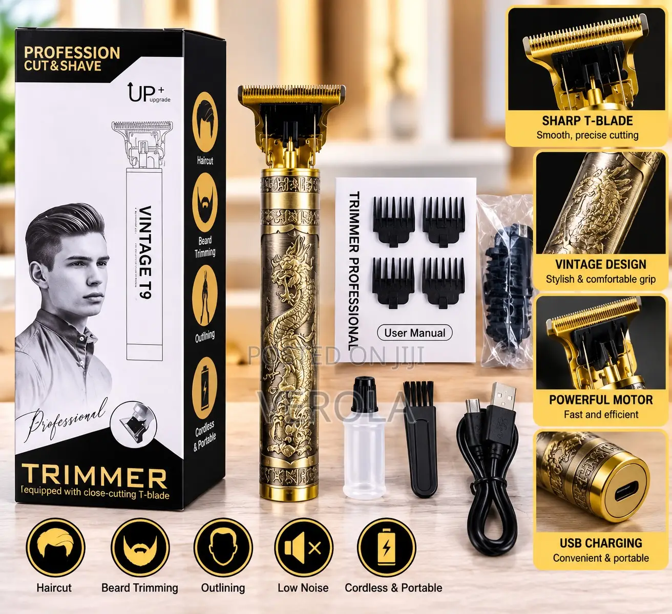 Vintage T9 Rechargeable Hair Clipper Beard Trimmer Gold