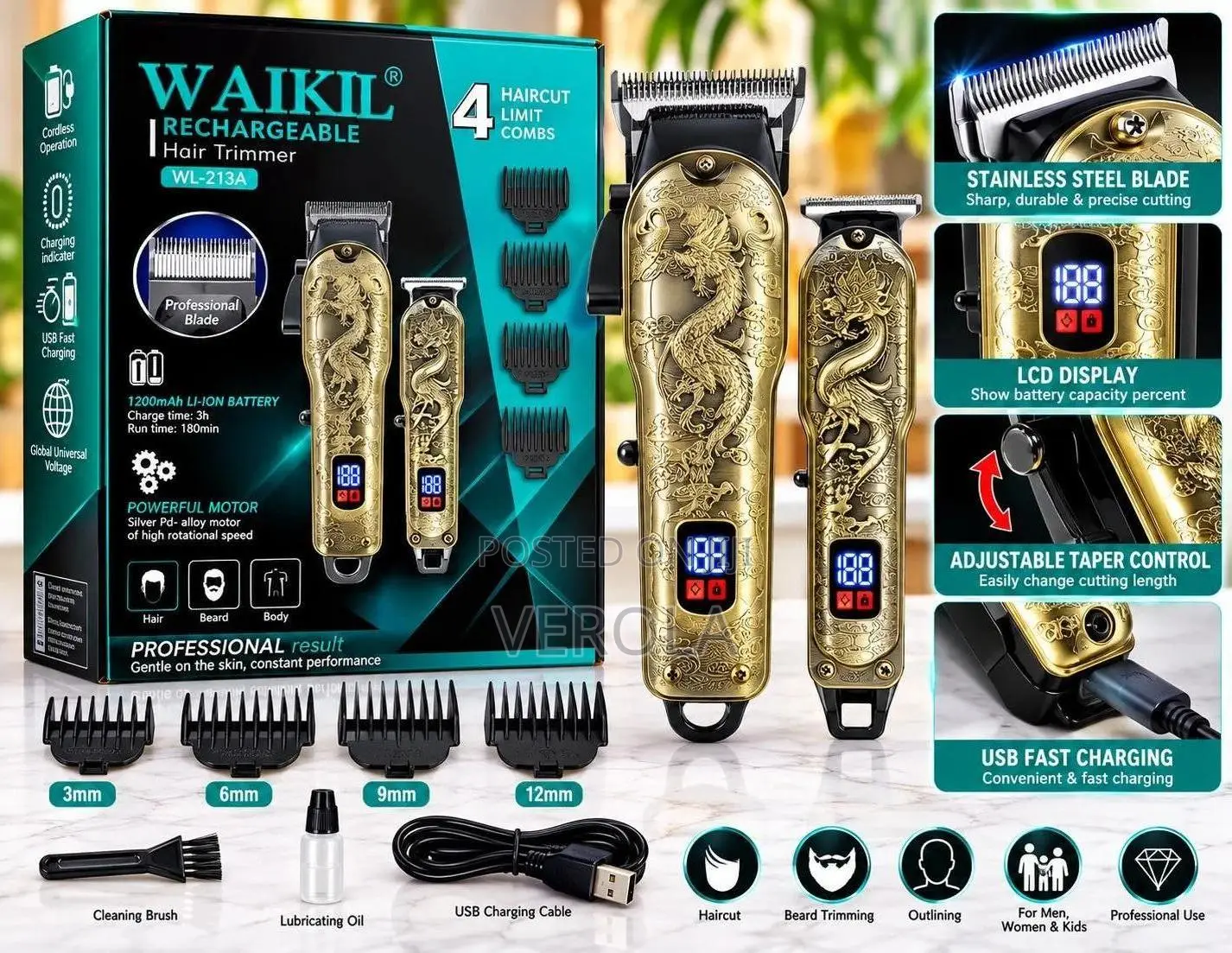 WAIKIL WL-213A Rechargeable Hair Trimmer Beard Clipper Gold