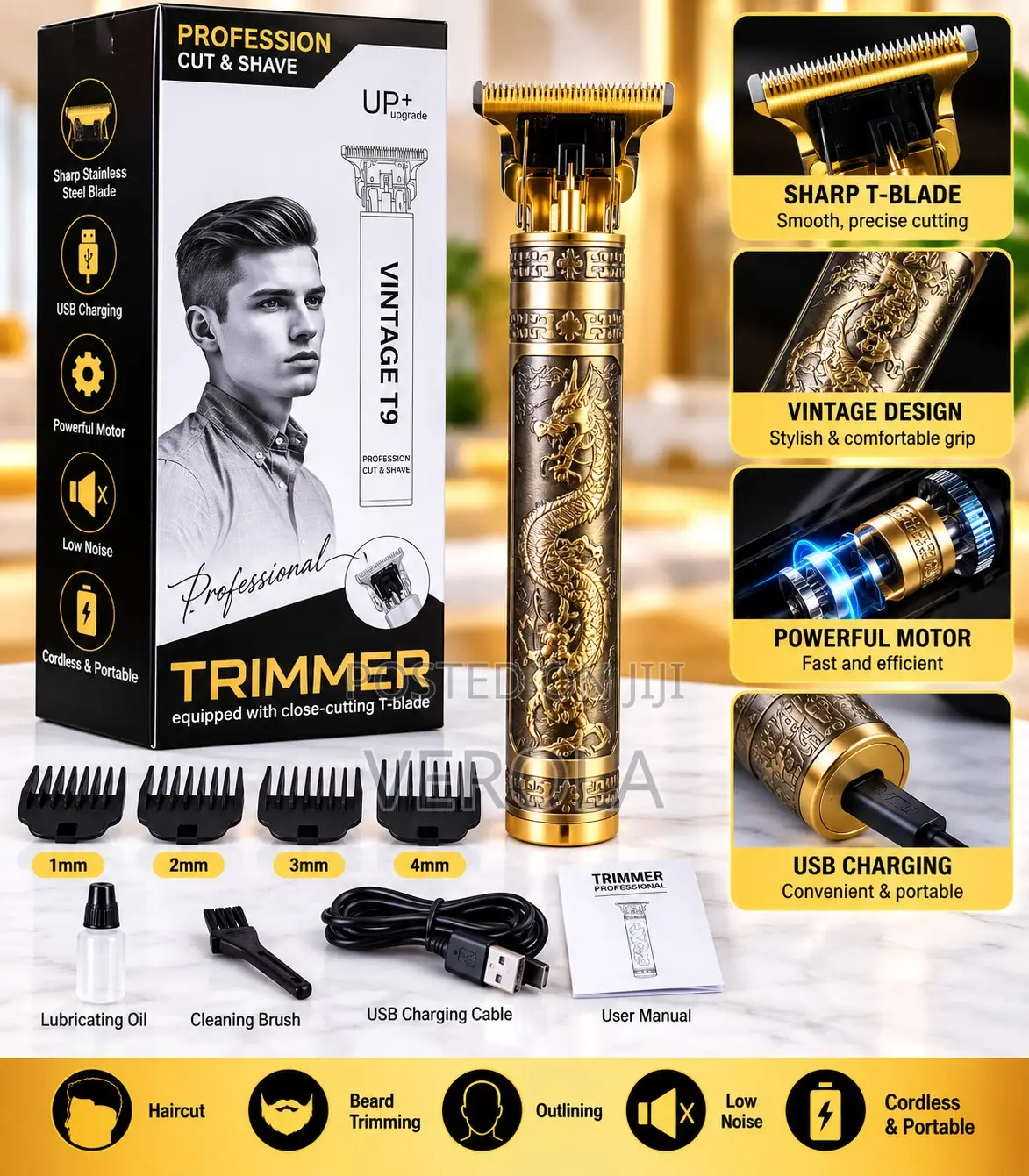 Vintage T9 Rechargeable Hair Clipper Beard Trimmer Gold