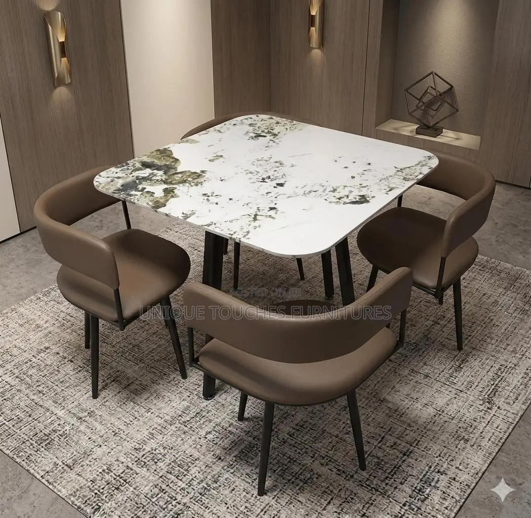White Marble Top and Brown Chairs 4 Seater Dinning