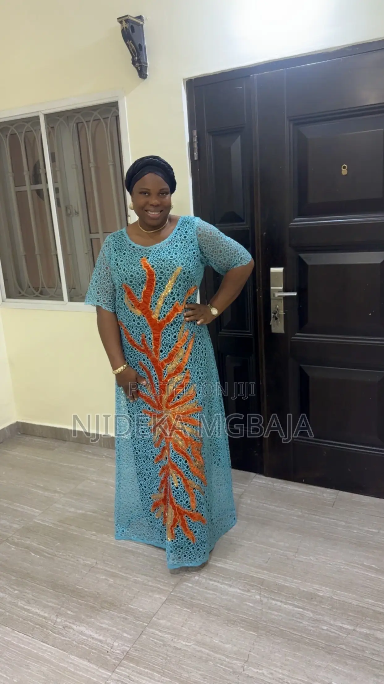 Elegant Sky-Blue Lace With Orange Lace Patch Maxi RTWbyJide