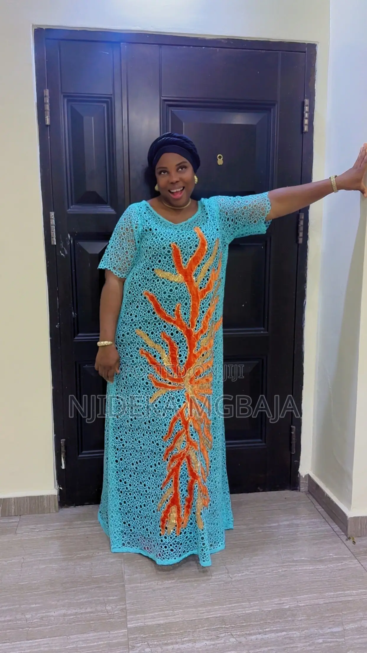 Elegant Sky-Blue Lace With Orange Lace Patch Maxi RTWbyJide