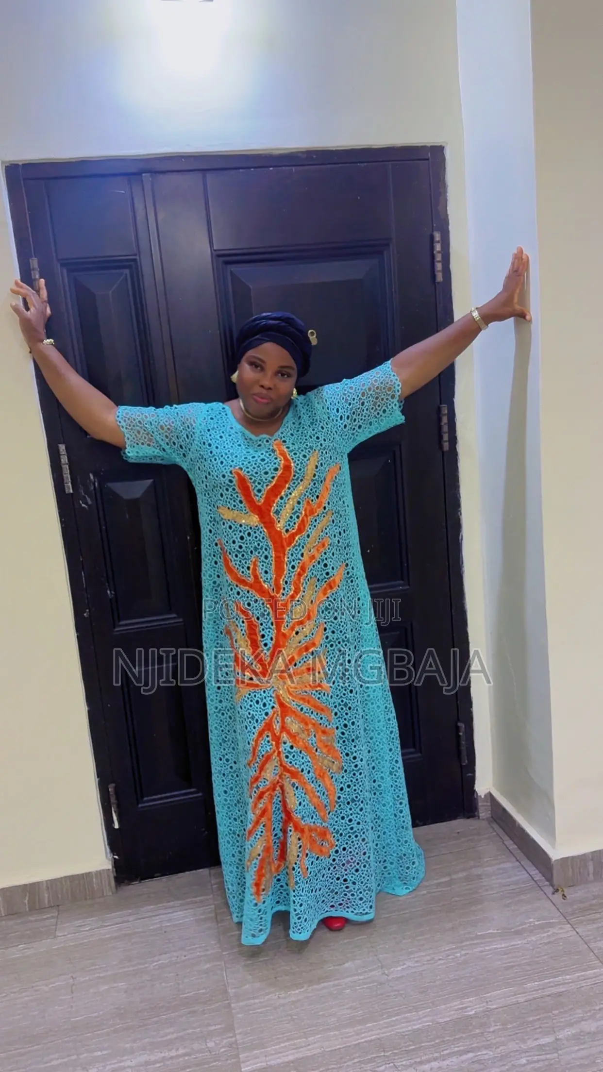 Elegant Sky-Blue Lace With Orange Lace Patch Maxi RTWbyJide