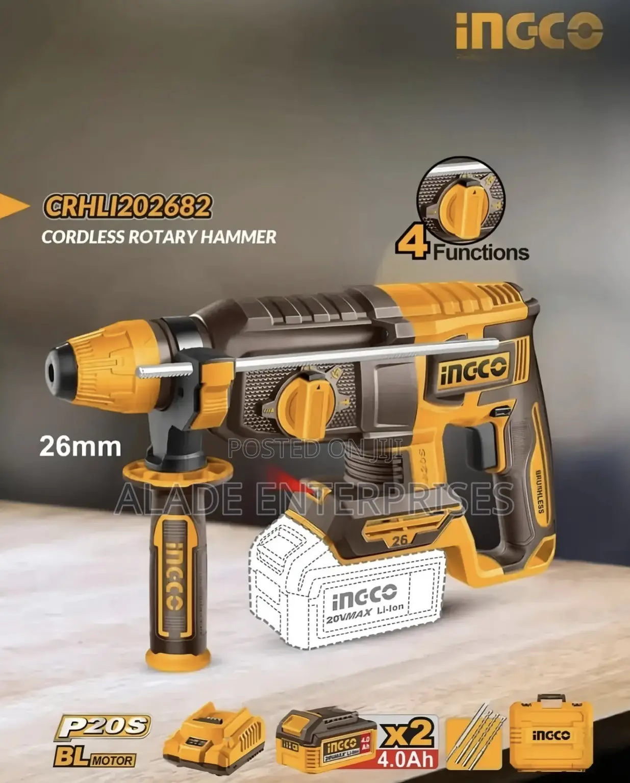 Ingco 26mm Cordless Rotary Hammer Drill – SDS Plus, Brushless