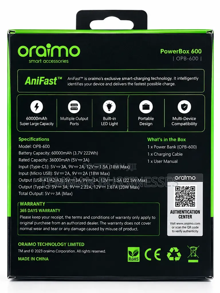 Oraimo PowerBox 600 60,000mAh 22.5W Fast-Charging Power Bank